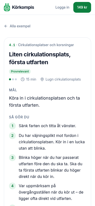 Körkompis i en mobil. Skärmen visar övningskortet Liten cirkulationsplats, första utfarten, med mål och steg för steg.